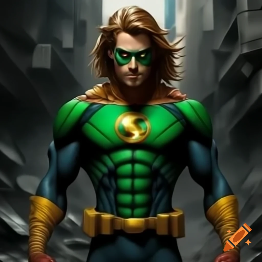 Superhero in green suit and yellow utility belt in front of crumbling city