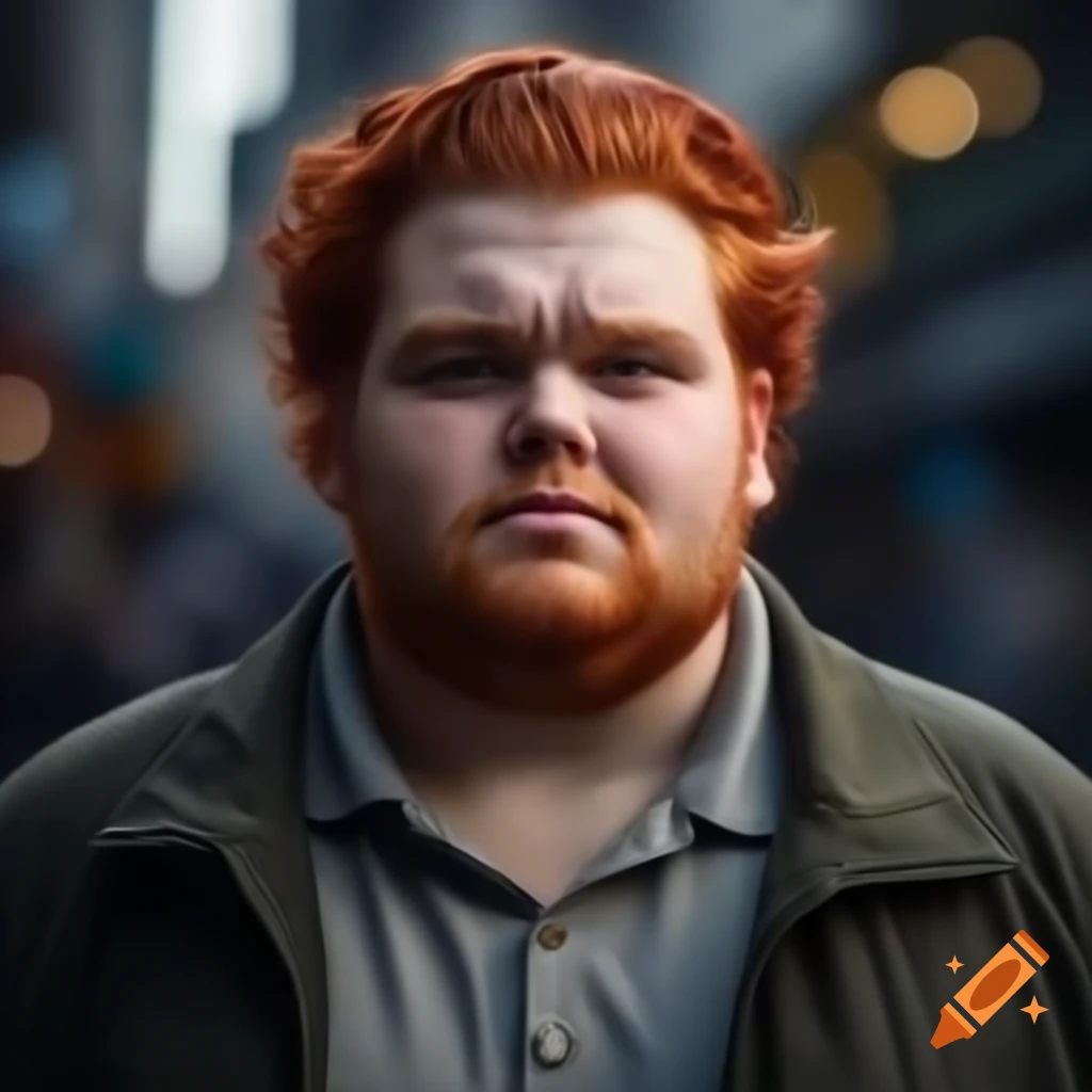 Portrait of slightly overweight man with red hair in modern clothing, blurred city street background