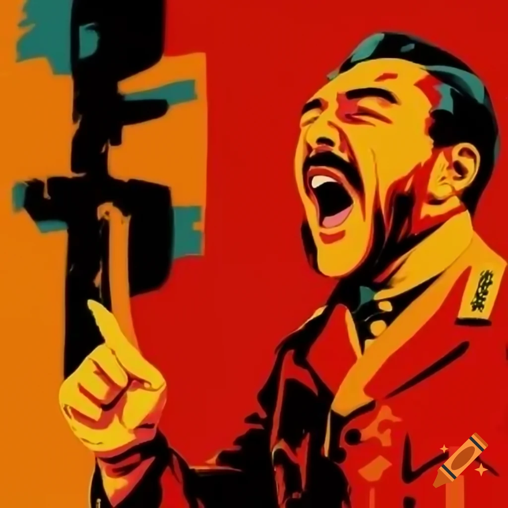 Soviet-style propaganda poster featuring engineer in bright red and orange colors