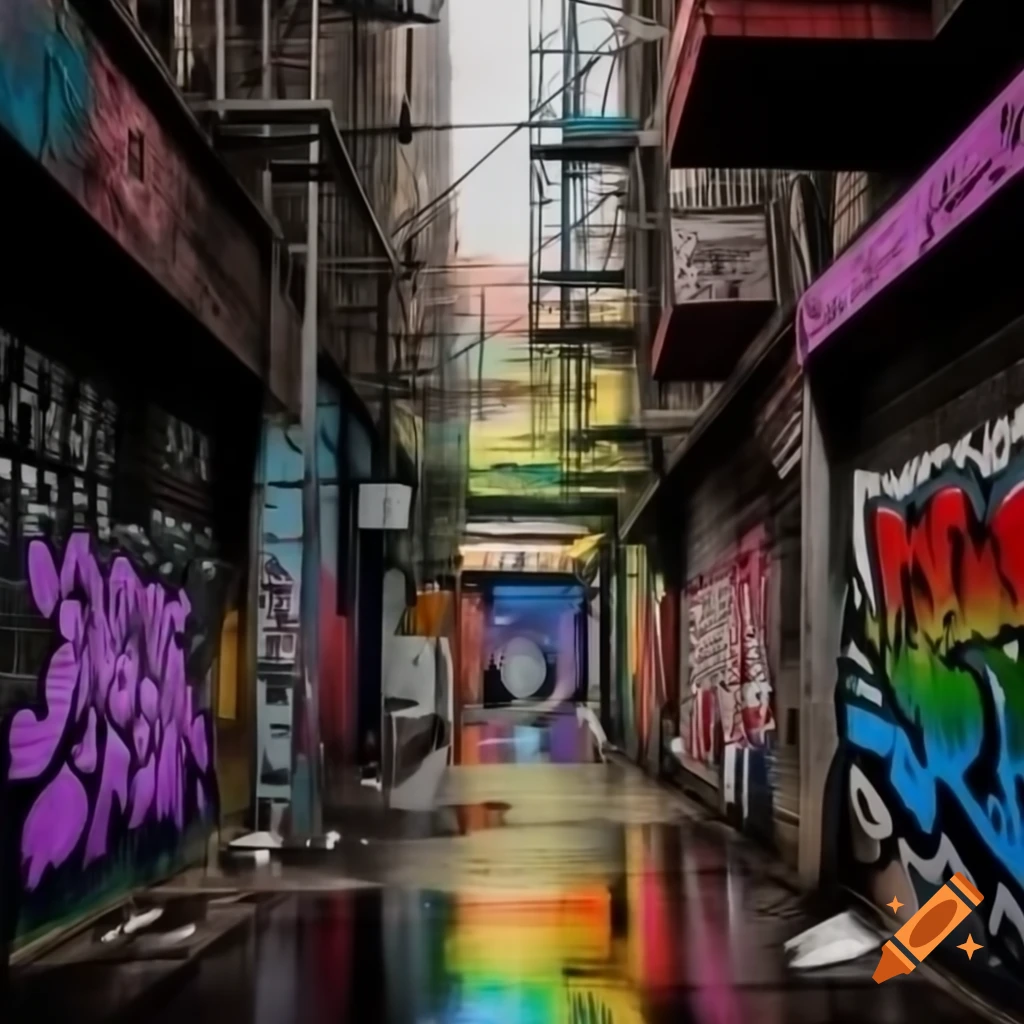 Colorful city ghetto featuring vibrant graffiti art