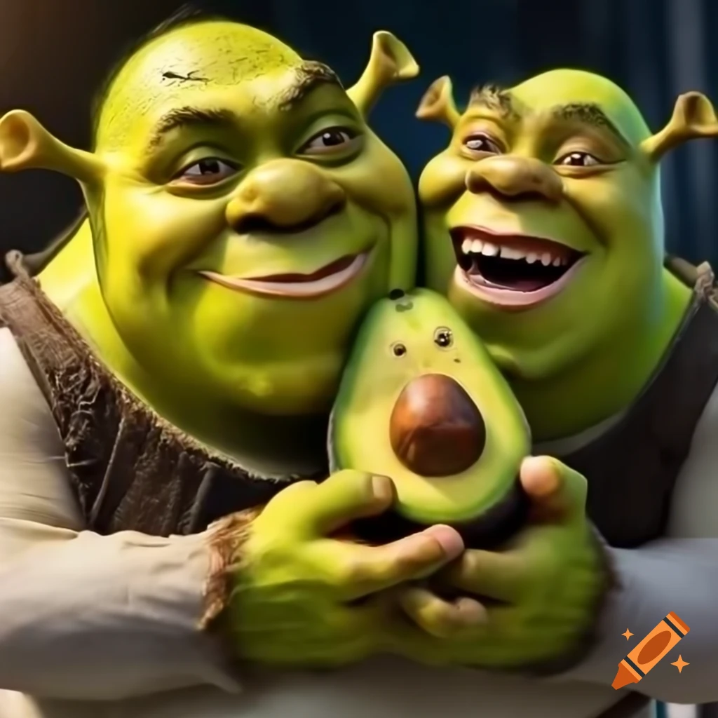 Cartoon avocado and Shrek in a playful kiss