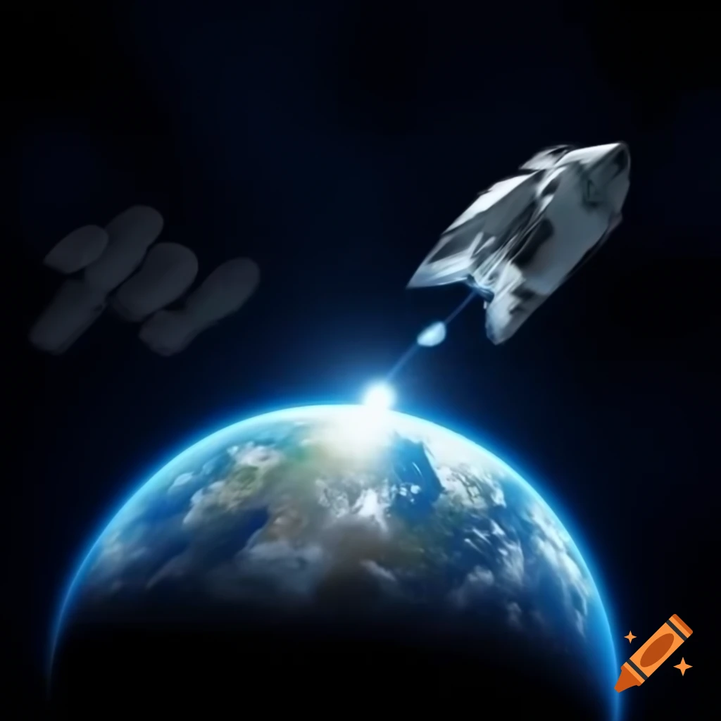 Futuristic robotic space death ray targeting Earth