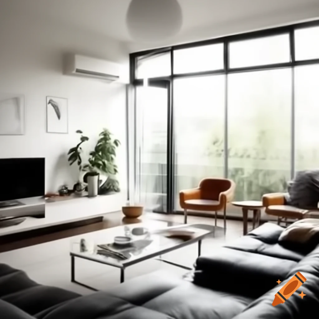 Modern living room with natural sunlight and clear air effects