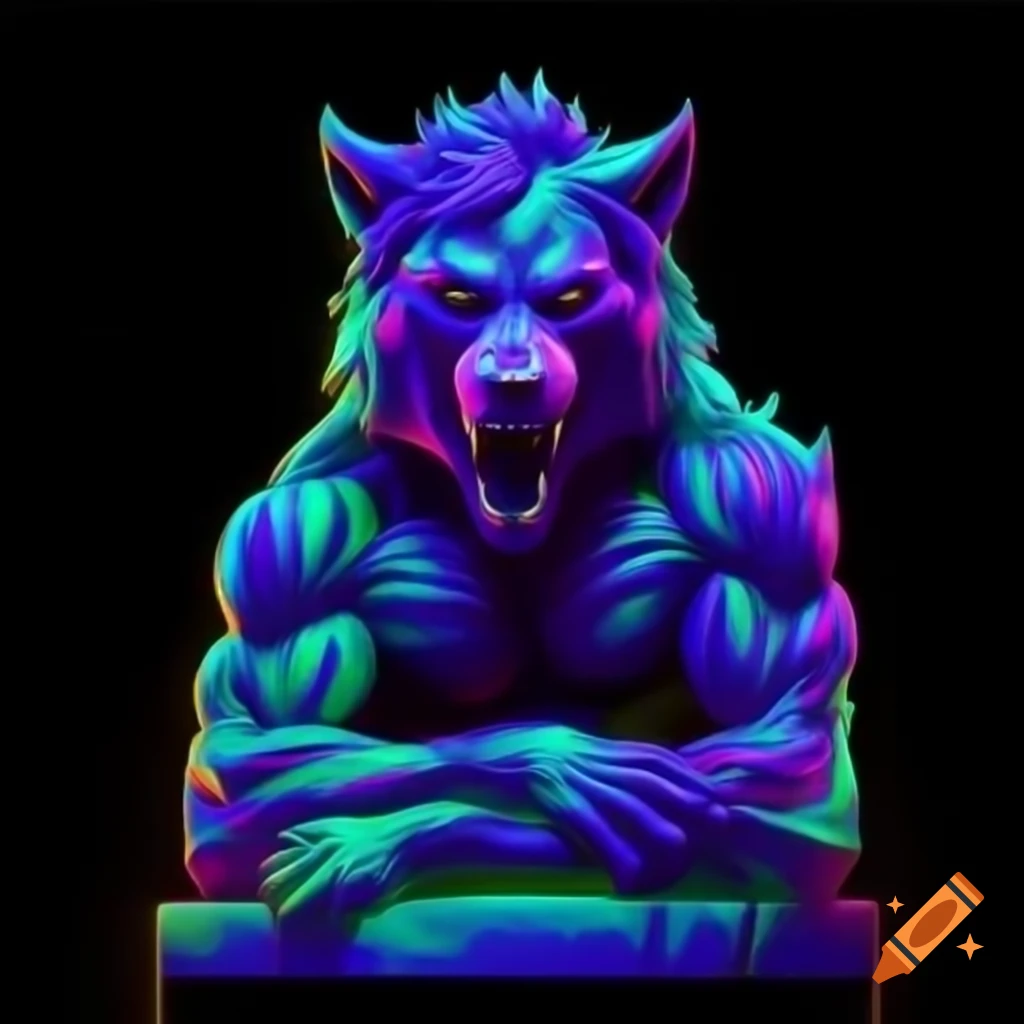 Psychedelic neon werewolf sculpture inspired by Plato