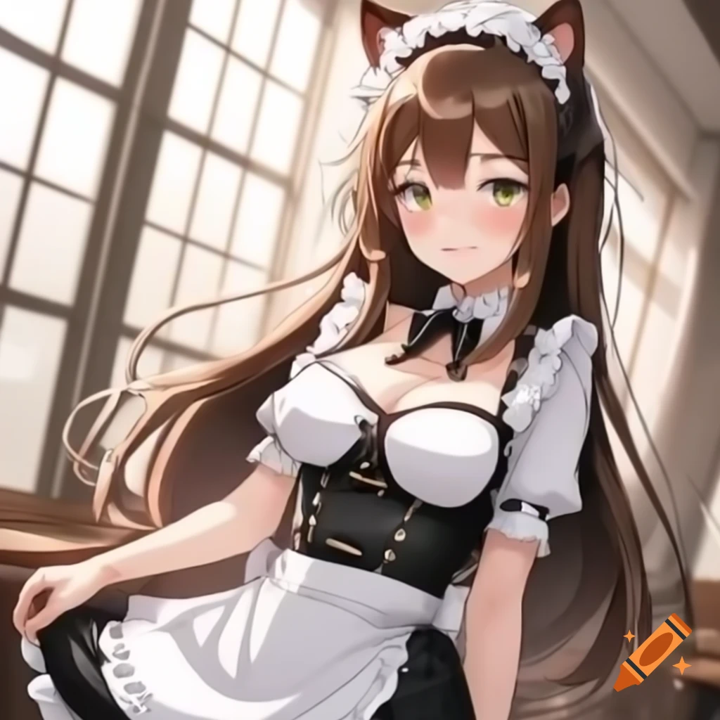 Anime girl with long brown hair in maid outfit and cat ears