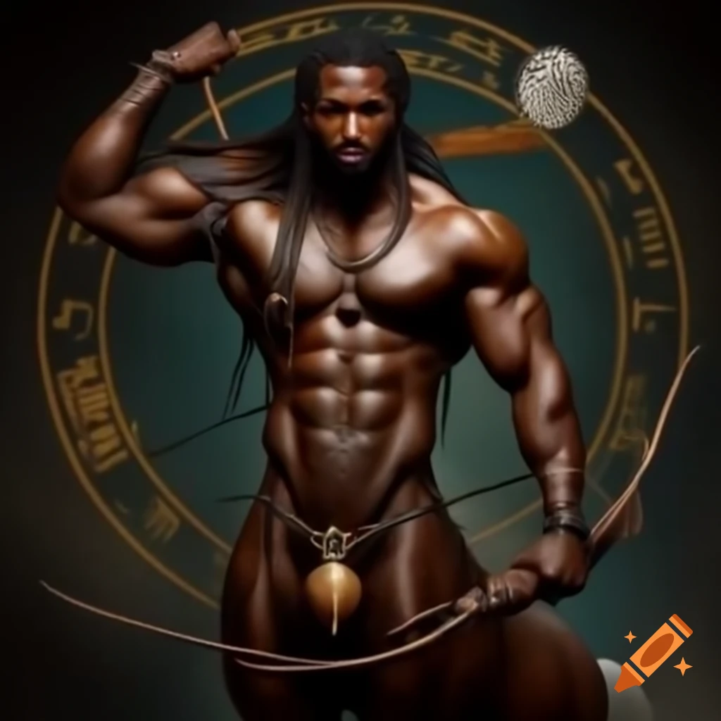 Muscular male centaur with bow and arrow symbolizing Sagittarius, surrounded by zodiac symbols
