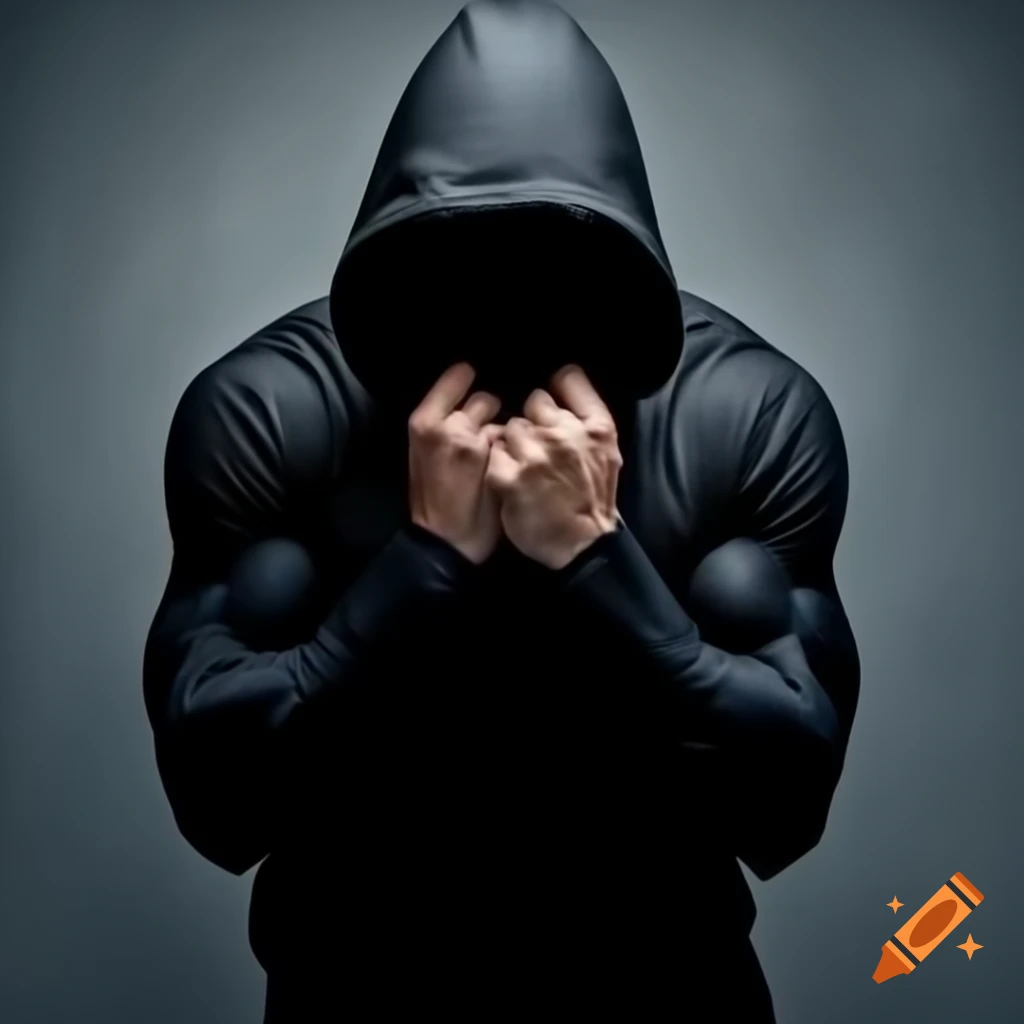 Muscular figure in black attire with hood covering face