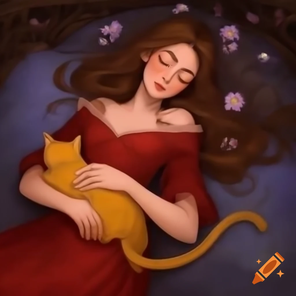 Woman in red dress holding sleeping yellow cat with floral background, Alphonse Mucha style