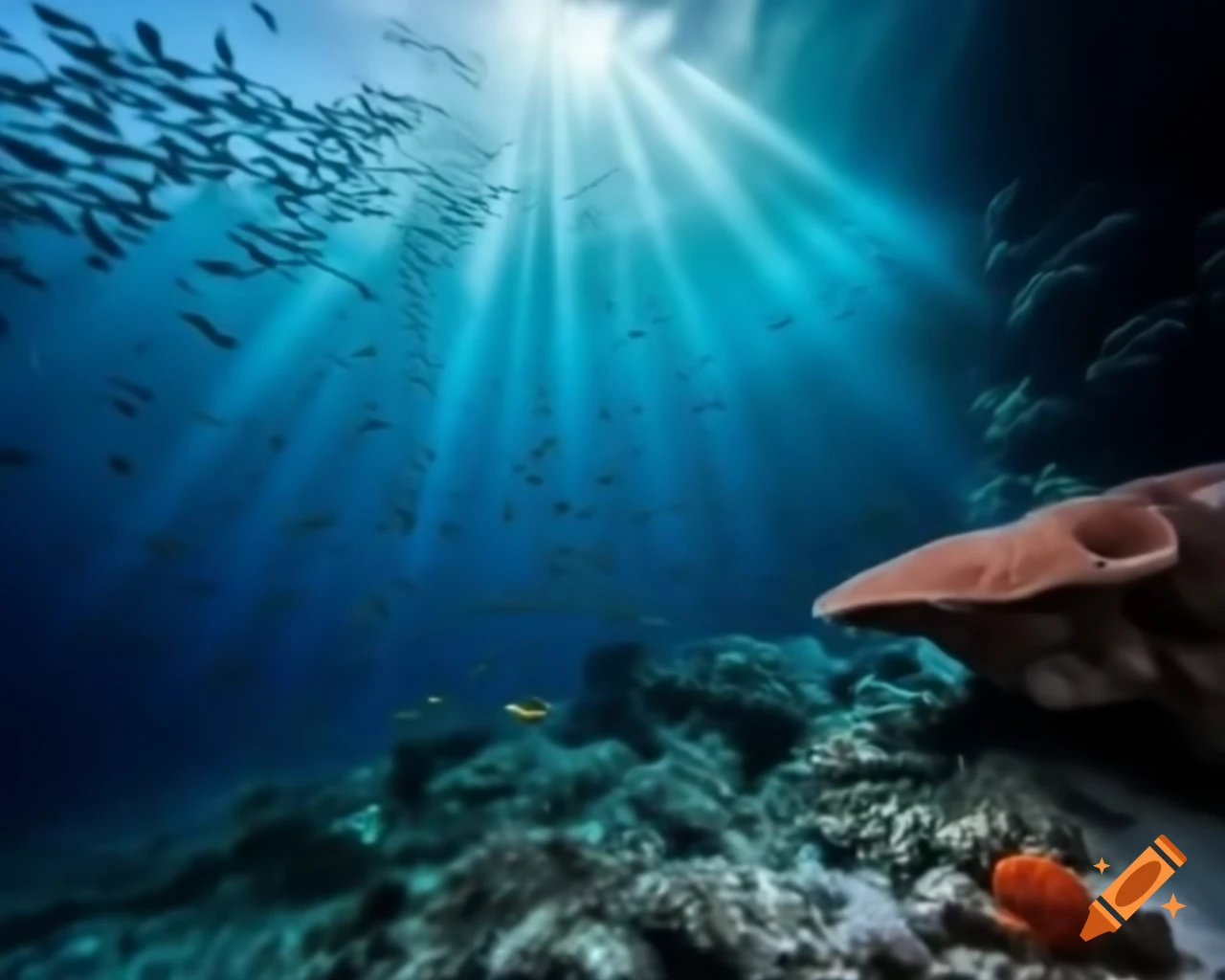 Mystical saltwater mountain lake in ocean, clear waters with colorful fish and coral