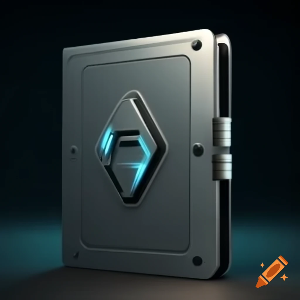 Futuristic binder with metallic gray casing and glowing circuitry logo