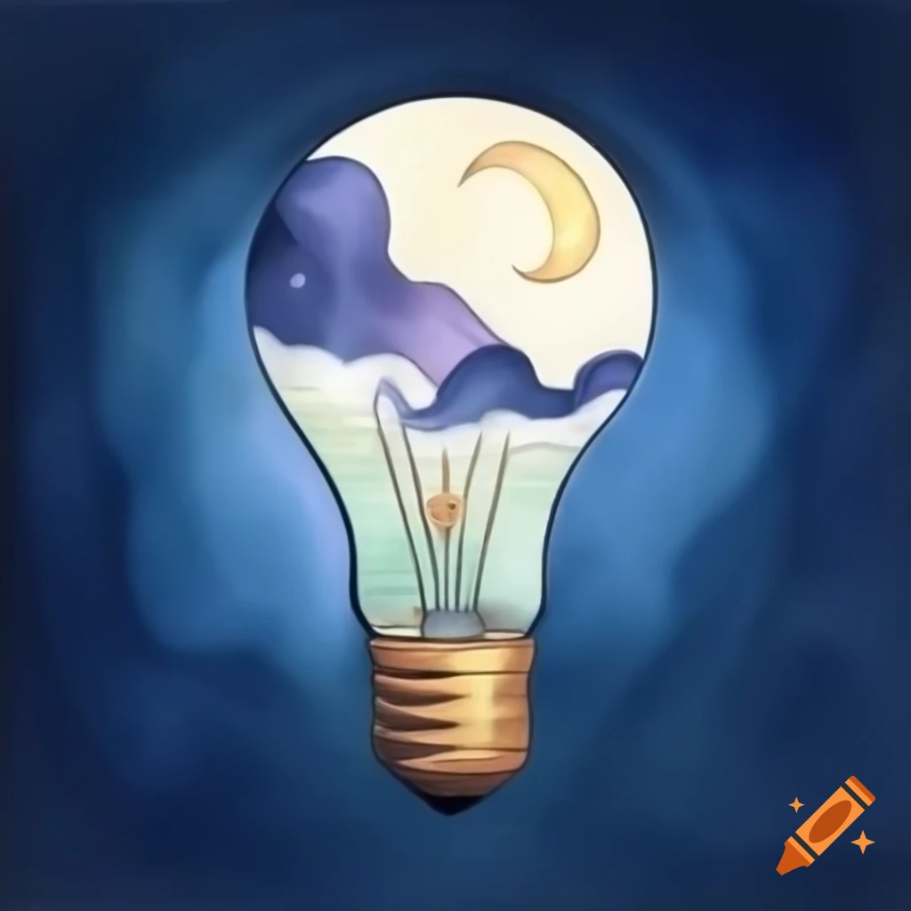 Whimsical night dreamscape in vintage light bulb with moon and watercolor washes