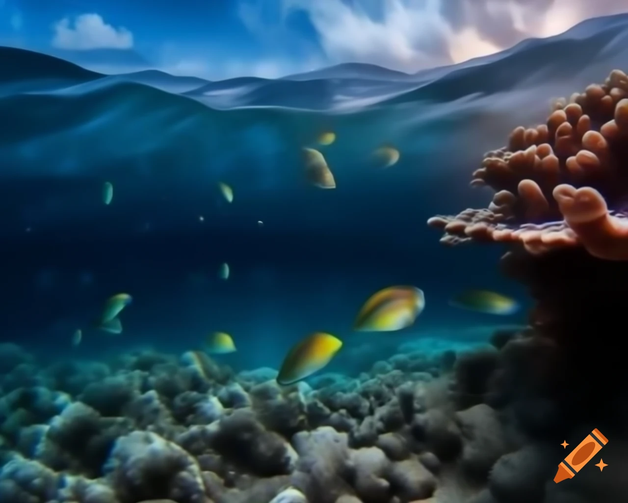 Mystical saltwater mountain lake in ocean, clear waters with colorful fish and coral