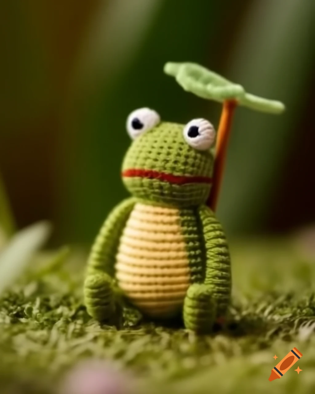 Crochet amigurumi figurine of an upset angry frog