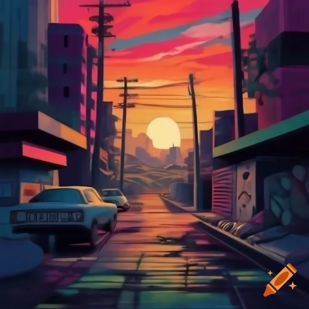 Colorful city ghetto with graffiti art under a rainbow sunset