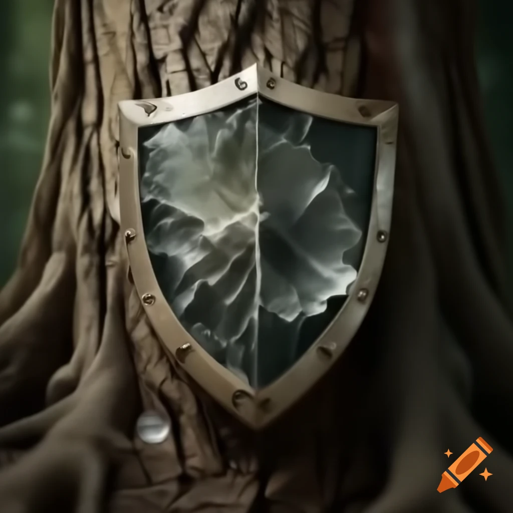 Shattered tree trunk cradling a shield symbolizing resilience and strength