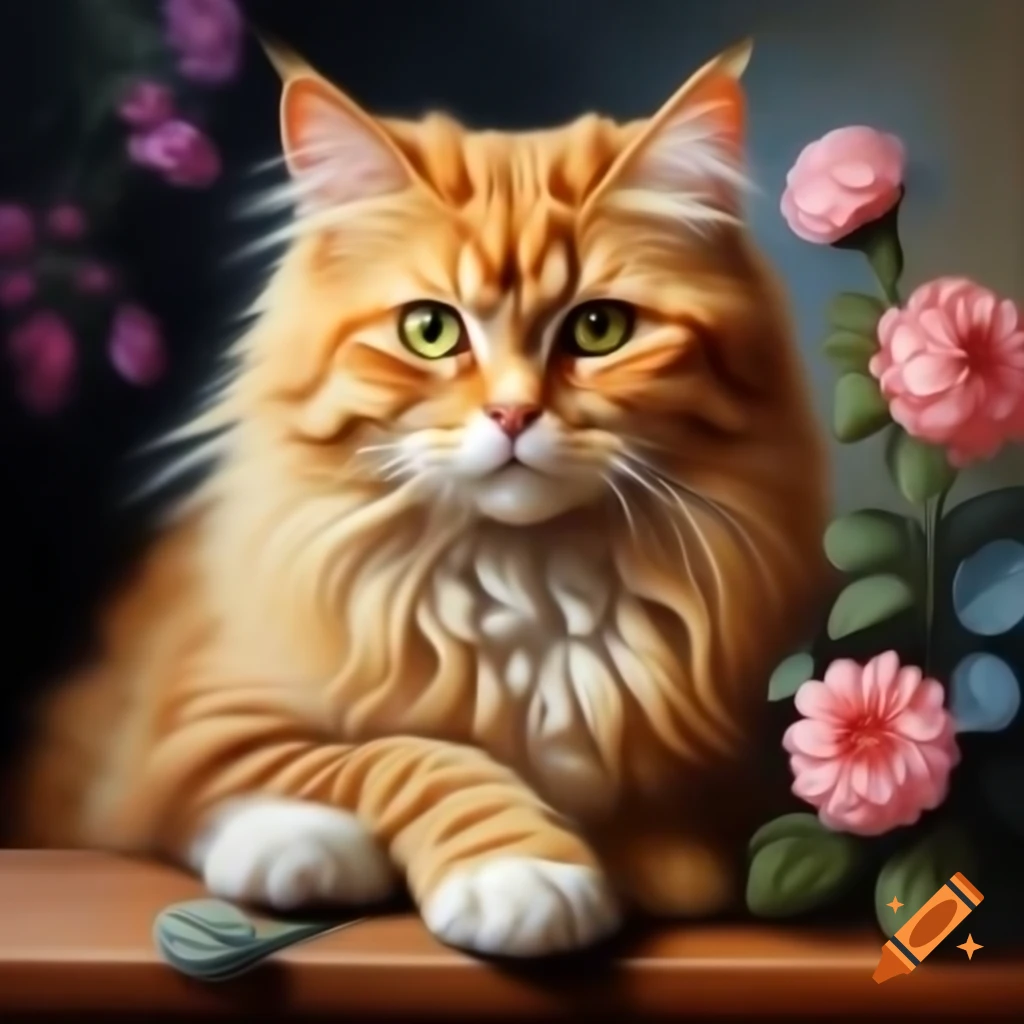 Oil painting of golden long-haired cat on table with beautiful flowers