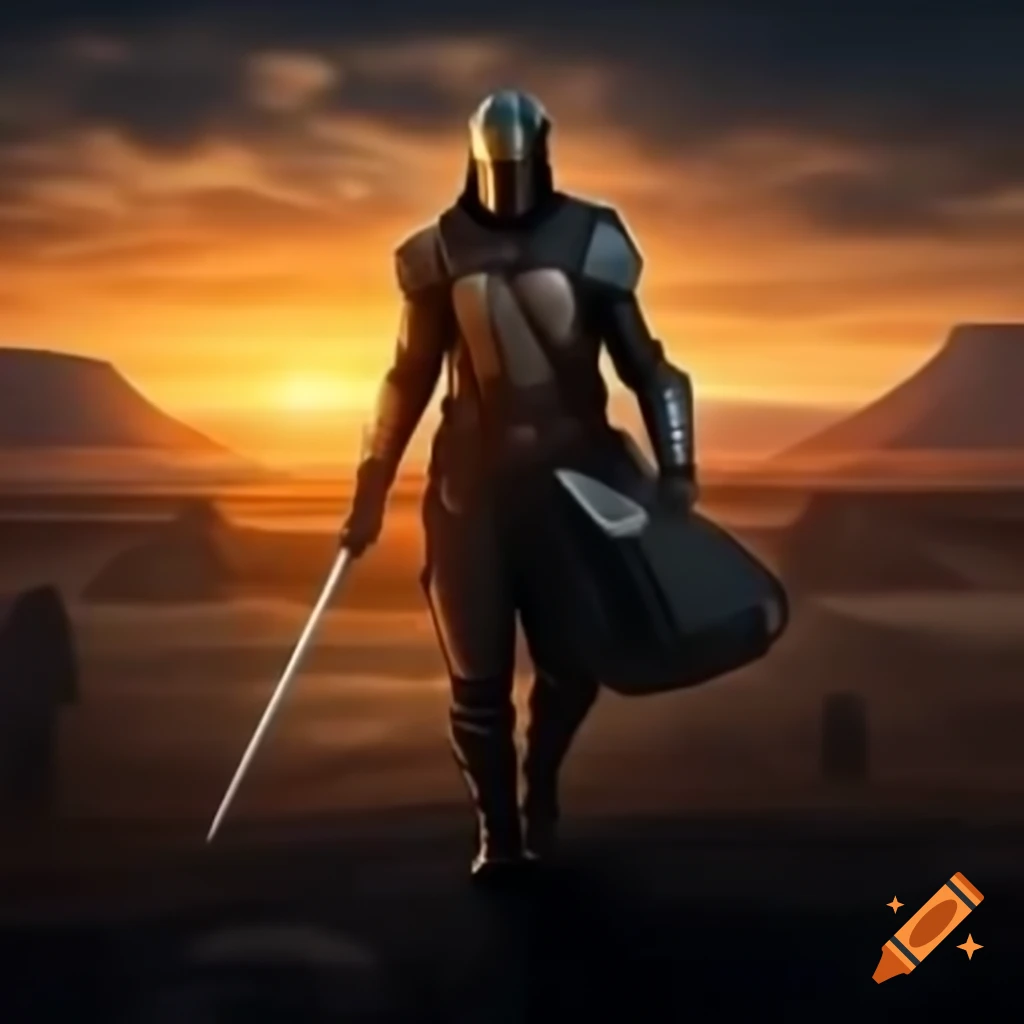 Sunset Warrior Ronin emerging from bunker in protective gear carrying helmet and sword
