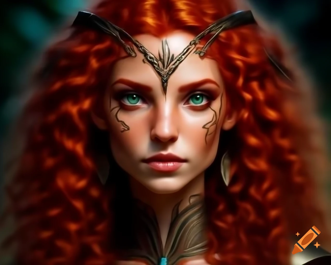 Close up of a woman with red curly hair in digital art, celtic druid theme