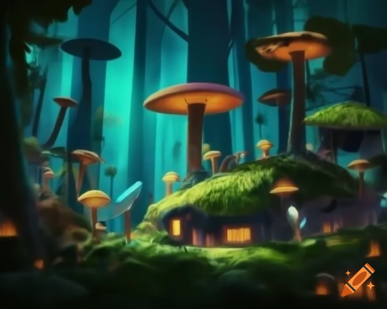 Surreal biopunk forest with glowing bioluminescent trees merging nature and technology