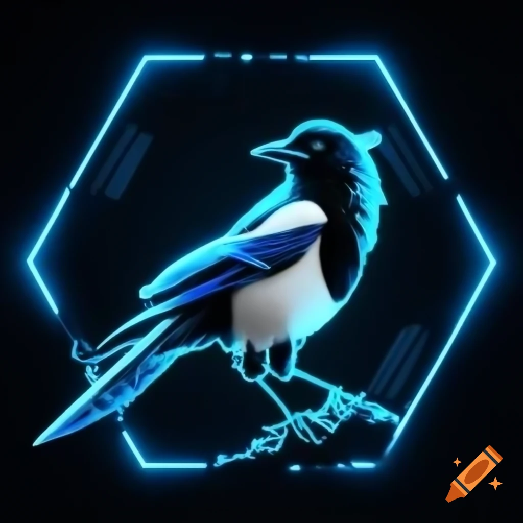 Silhouette of magpie with neon accents on hexagon background