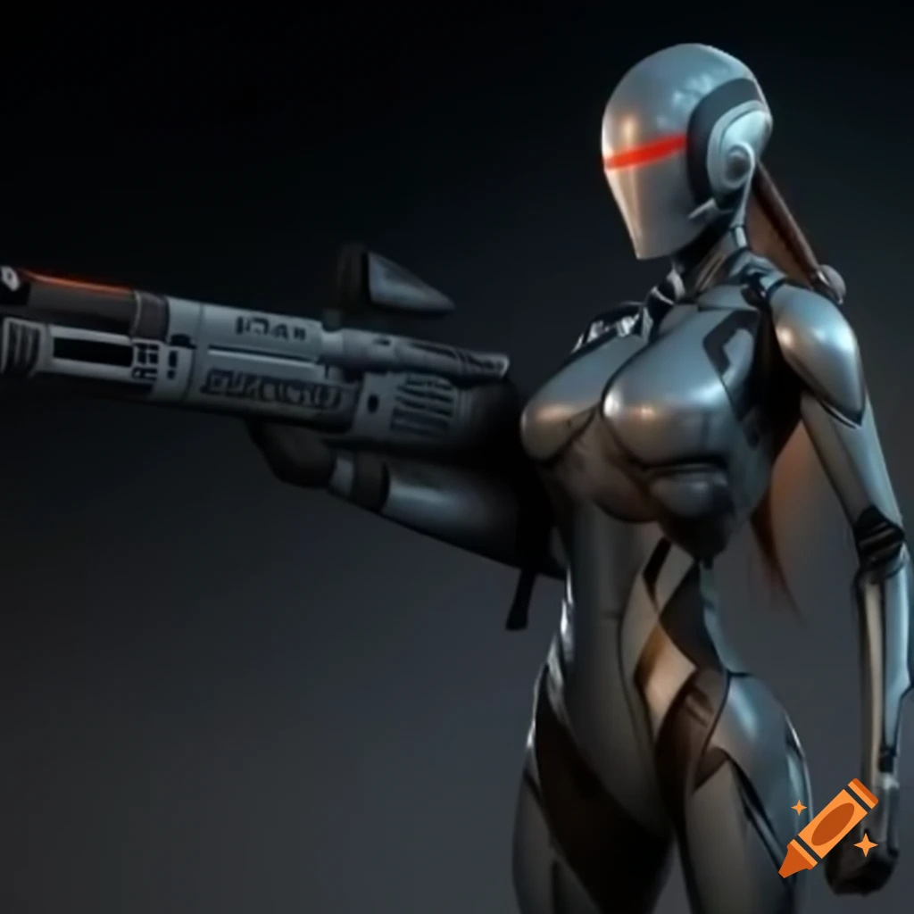 Cyborg warrior in armor suit holding laser rifle