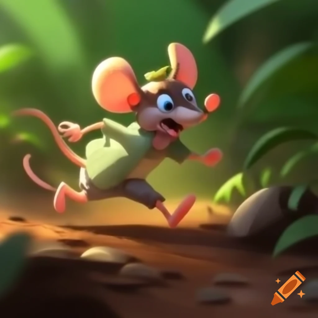 Cartoon mouse running through jungle, creating dust trail
