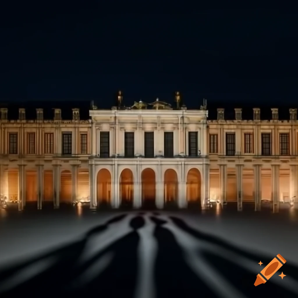 Château de Versailles at night with dramatic shadow on facade