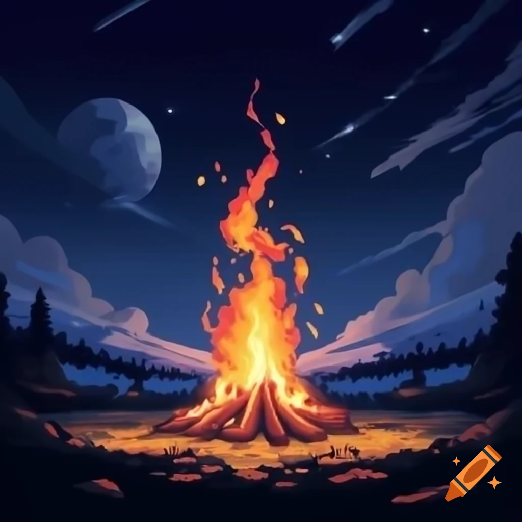 Pixel art campfire at night with starry sky and bright moon