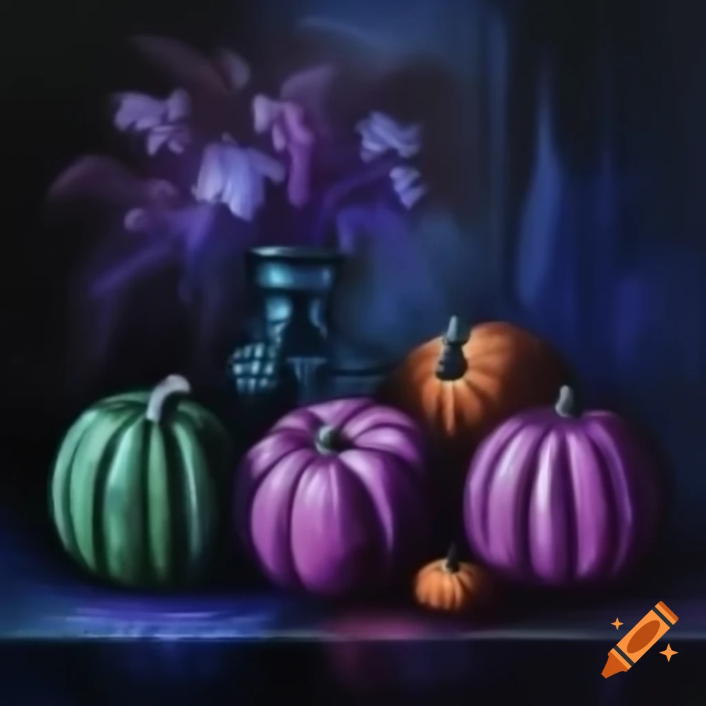 Art nouveau style painting featuring Celtic themes and pumpkins in moody pastel colors