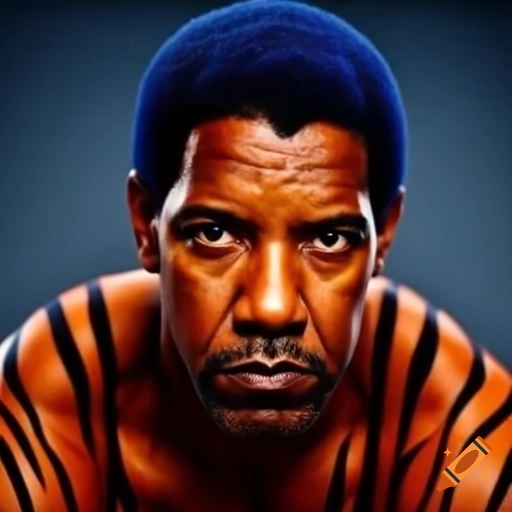 Muscular man with tiger-style makeup featuring blue hair and orange skin