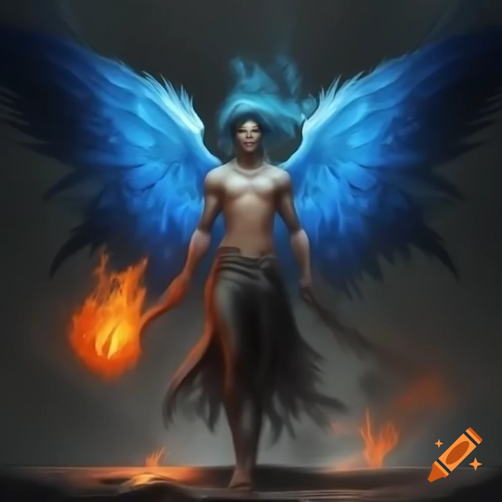 Illustration of an Akuma with bright blue wings and fiery eyes