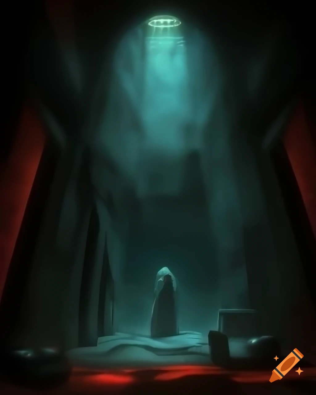 Ghostly figure in shadowy room casting curse towards lone individual