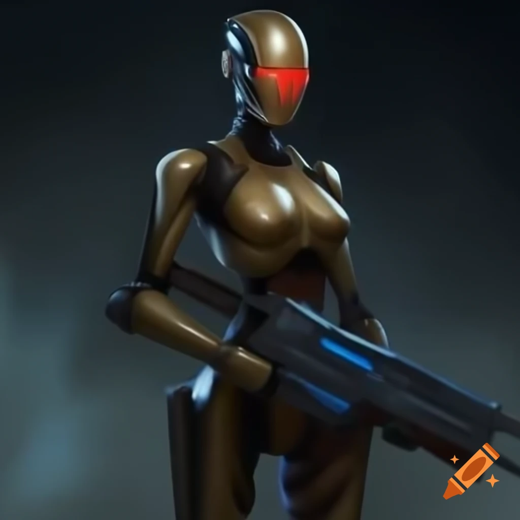 Cyborg warrior in armor suit holding laser rifle