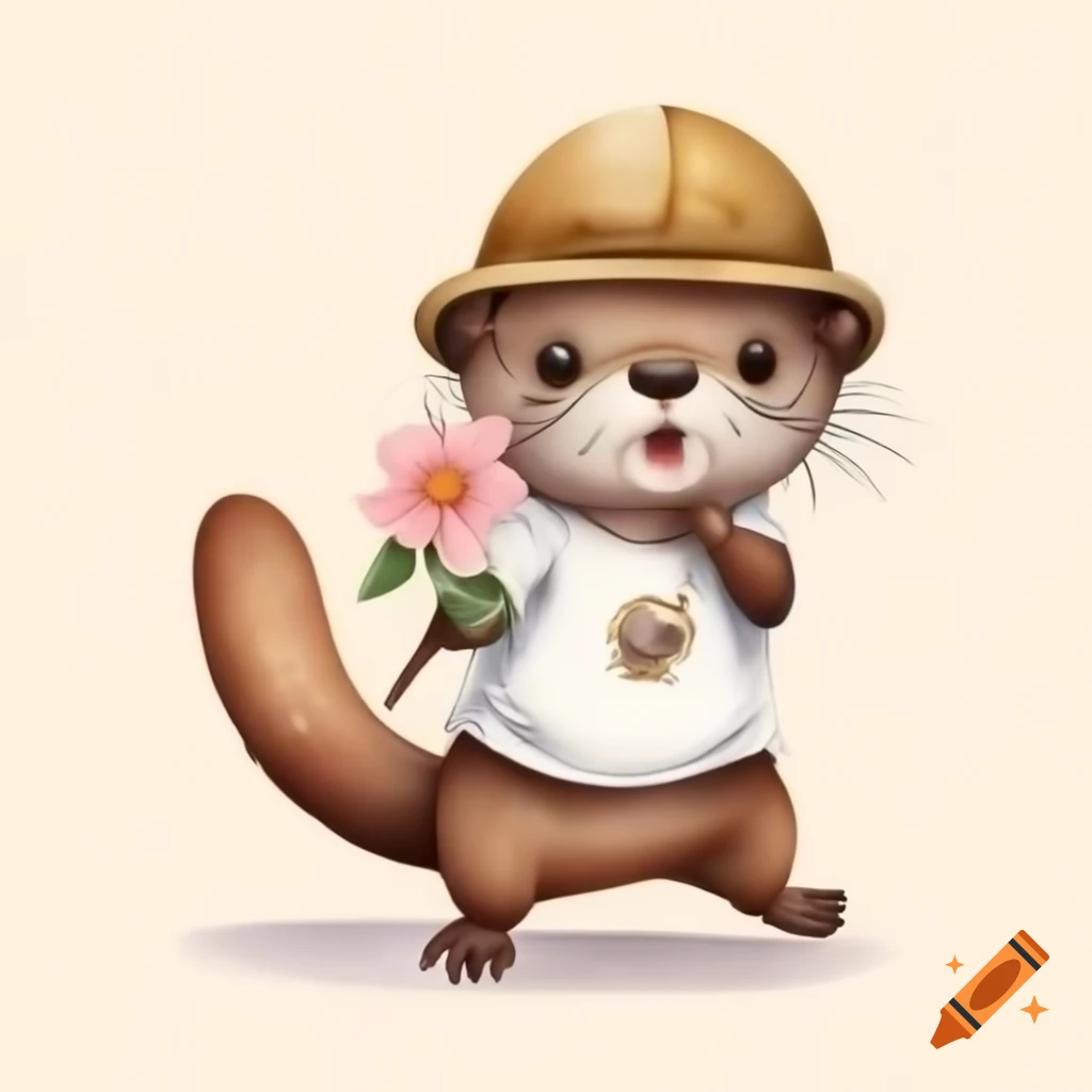 Playful otter wearing a t-shirt and holding a flower during a leisure walk