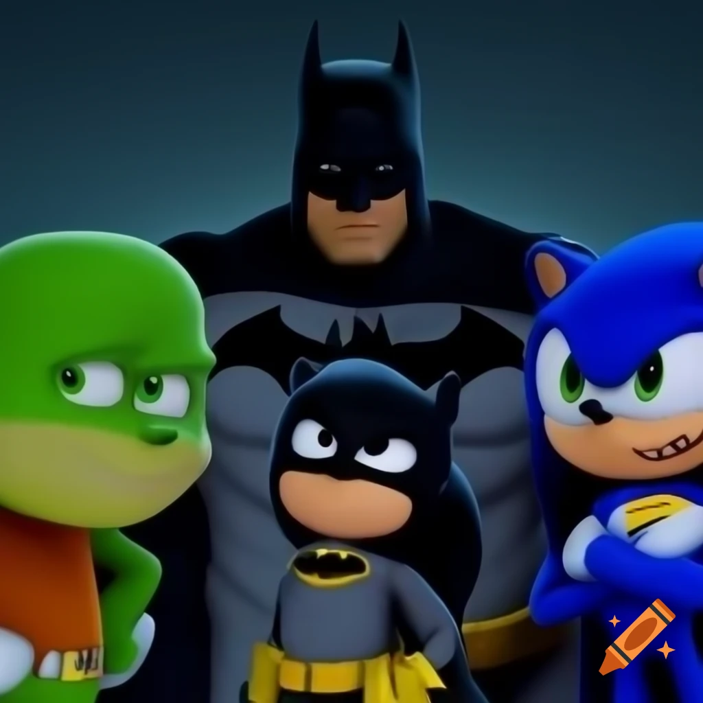 Batman, Sonic, and cartoon dinosaur together in vibrant scene