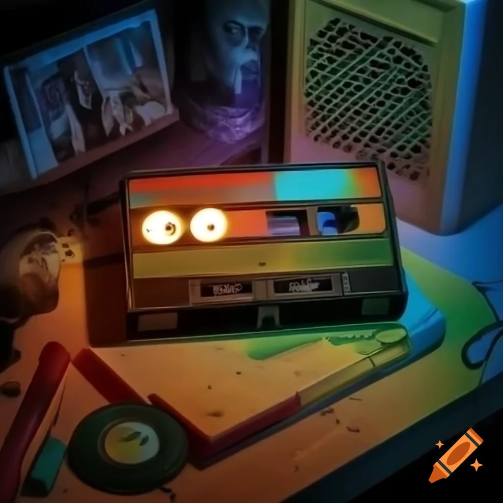 Vintage 90s urban scene with graffiti on brick wall and cassette player on floor