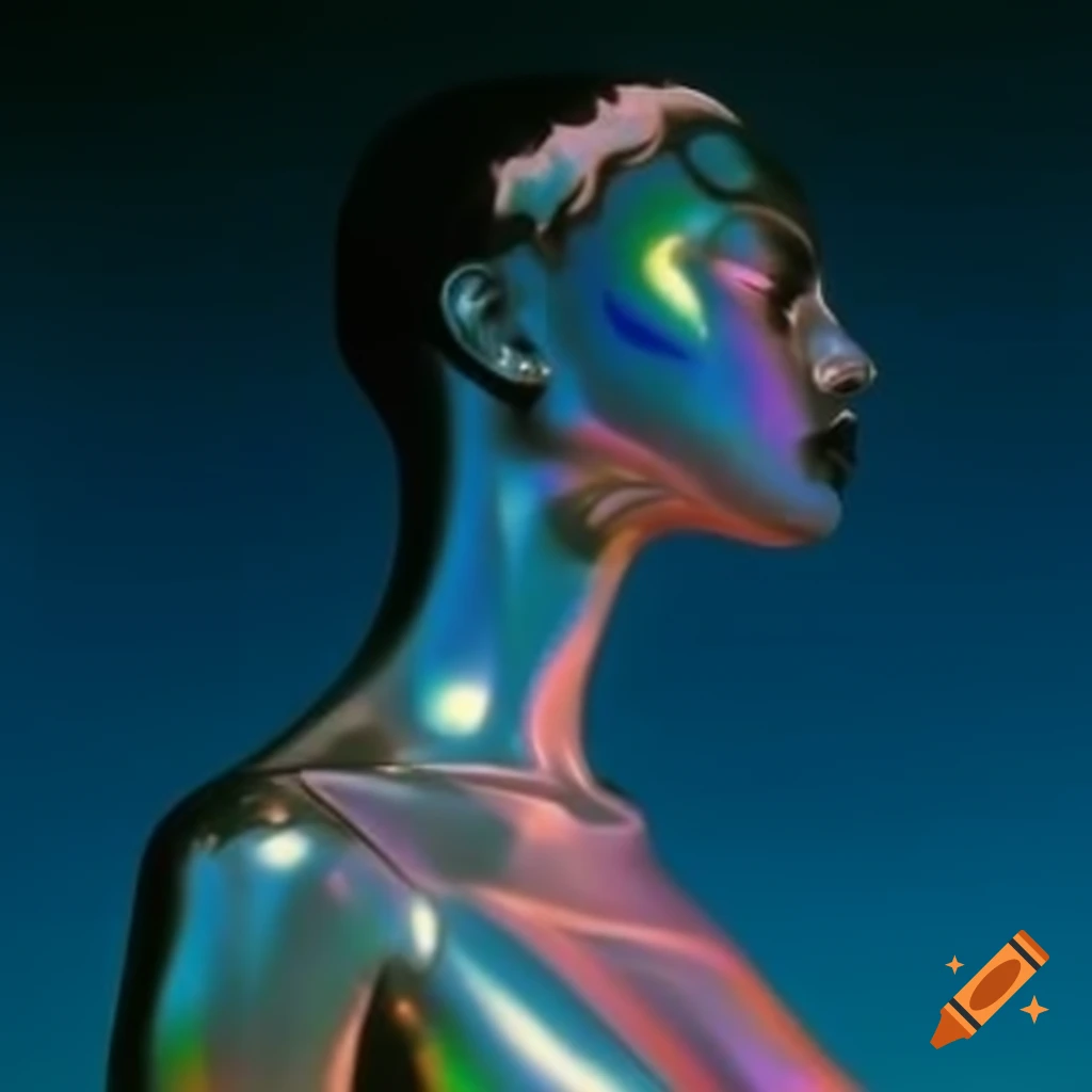 Pop surreal photography featuring iridescent glass statue