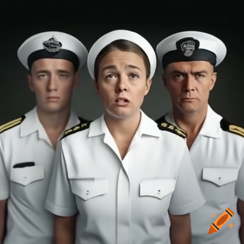 Three angry sailors in white suits and hats