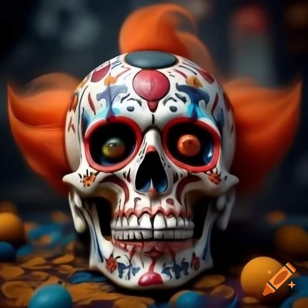 Clownish Día de Muertos sugar skull with red nose and orange punk mohawk