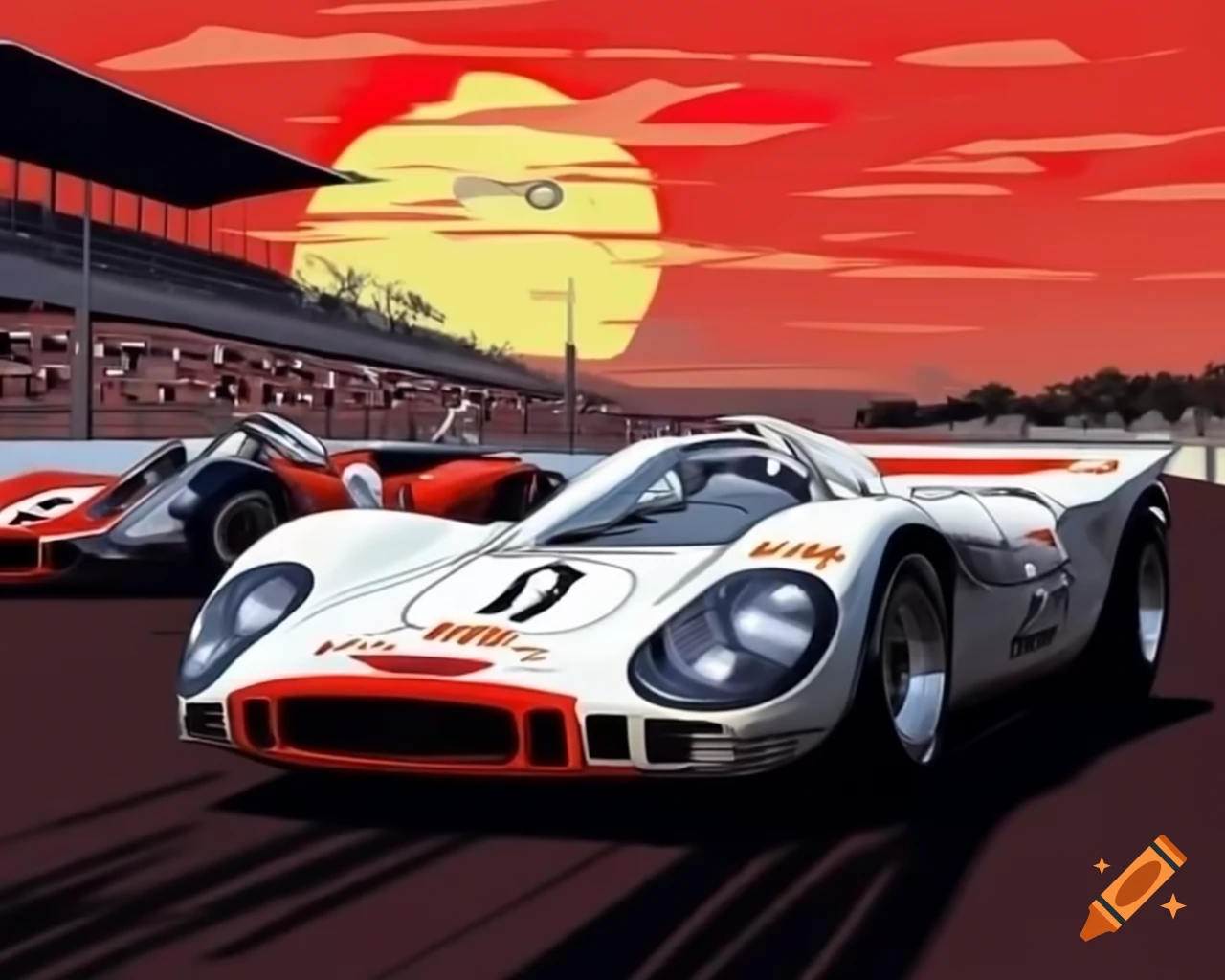 Vintage Indy Grand Prix Porsche 917 and Ford GT40 racing with spectators and dust clouds