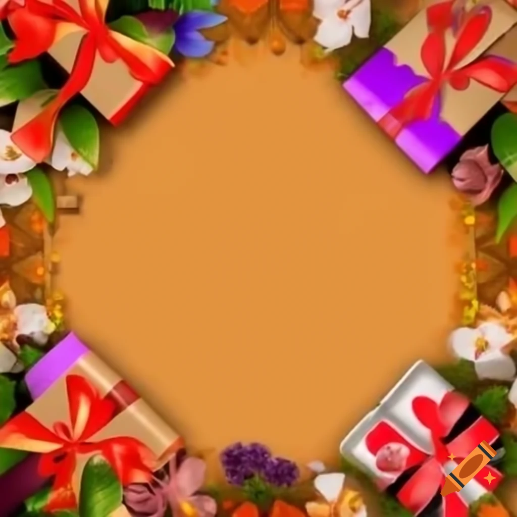 Colorful background featuring gifts, people, and flowers