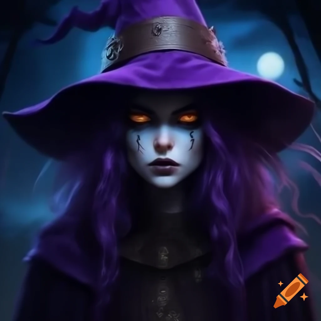 Witch in long purple velvet cloak with astral effects at nighttime, 3/4 view