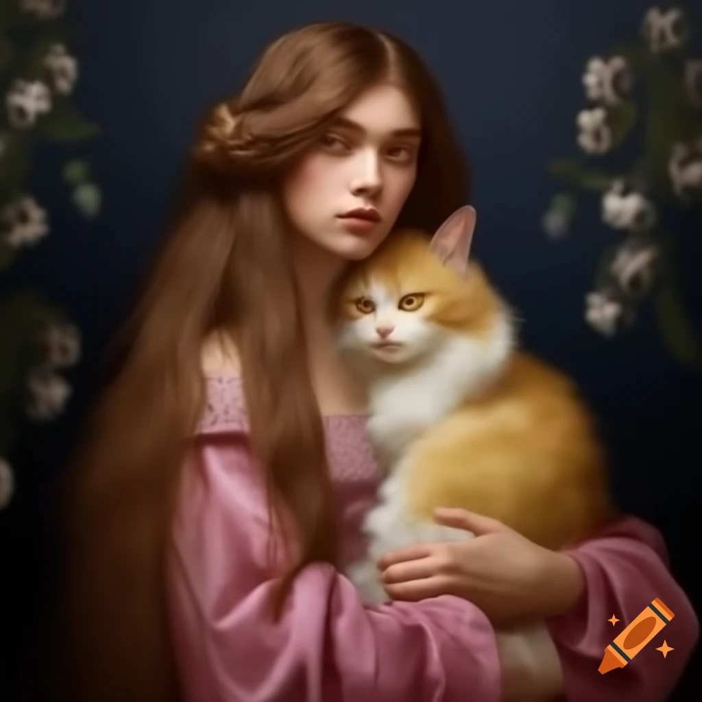 Woman in pink dress holding yellow cat against floral background, Vinci style
