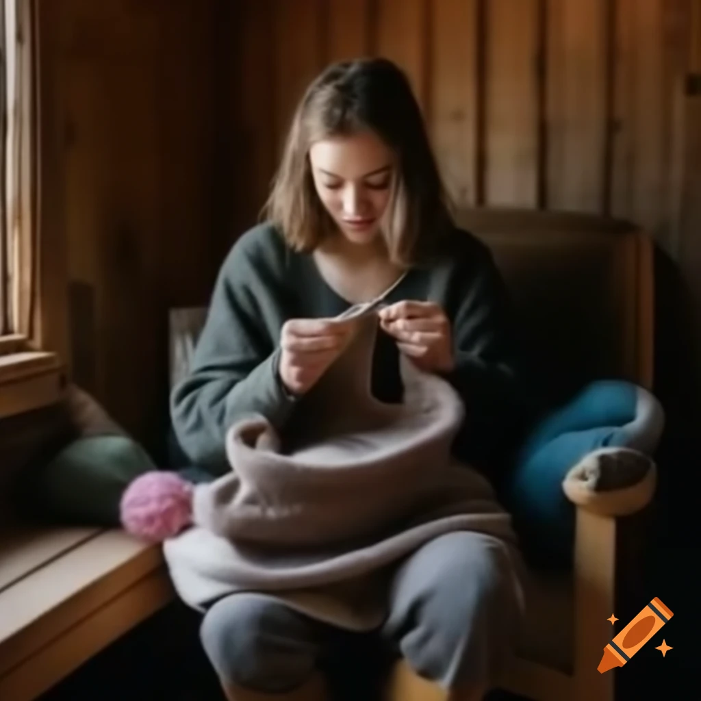 Young woman happily knitting while sitting on floor in cabin