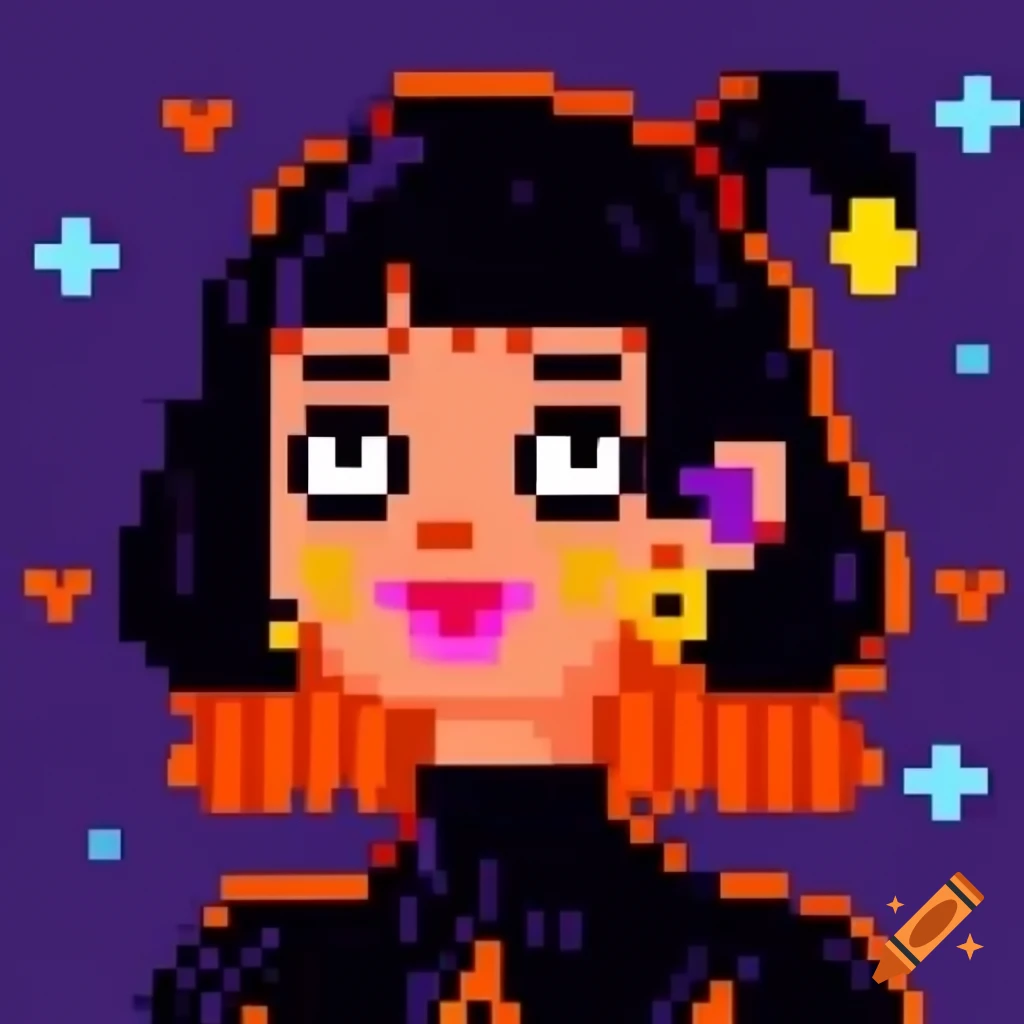 Pixel art representation of a Halloween-themed woman