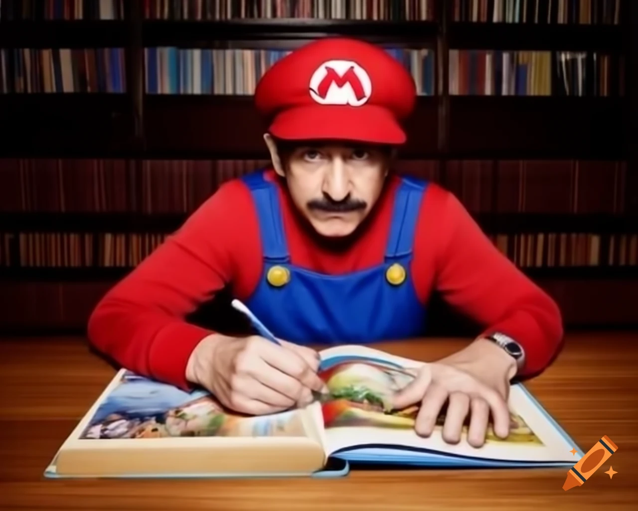 Mario Bros signing books for fans in a raw photography style