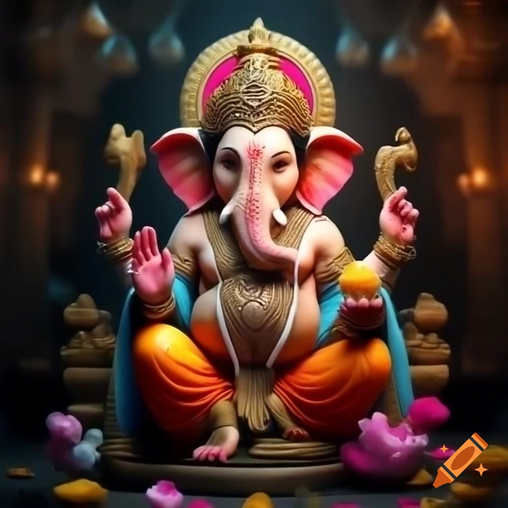 Statue of Ganesh, the Hindu deity, adorned with vibrant colors and intricate details