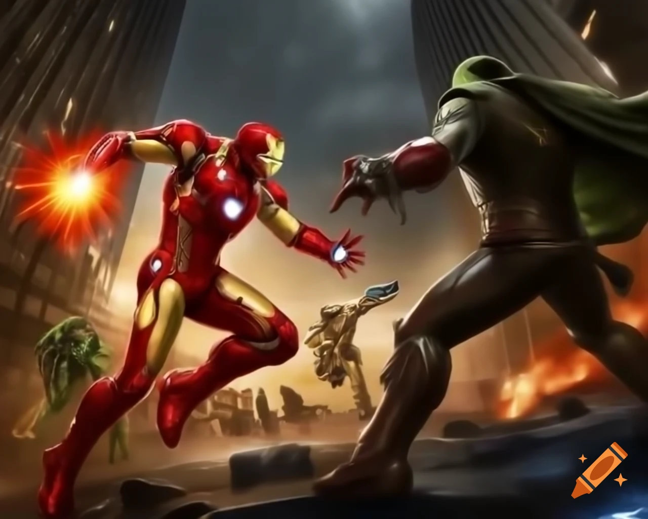 Iron Man and Doctor Doom engaging in a fierce battle in a fractured city