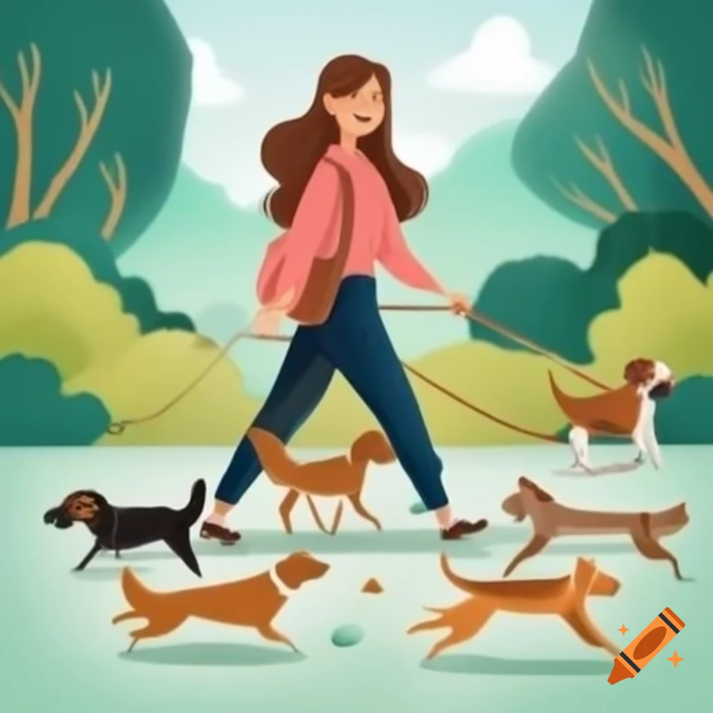Happy woman walking multiple dogs