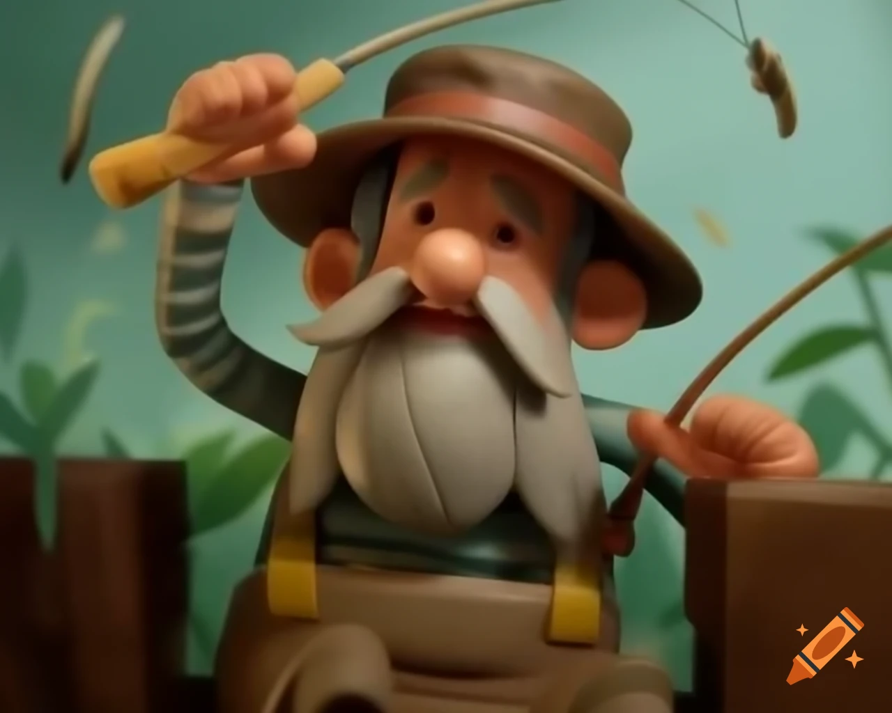 Close up of stop motion figure depicting an old man fishing